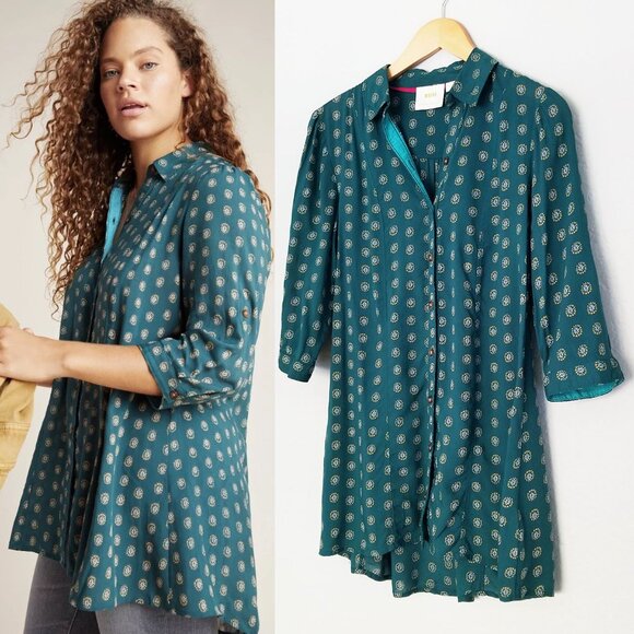 Maeve By Anthropologie Monika Button down Tunic Shirt Top XS Green Longline $128 - Picture 4 of 16
